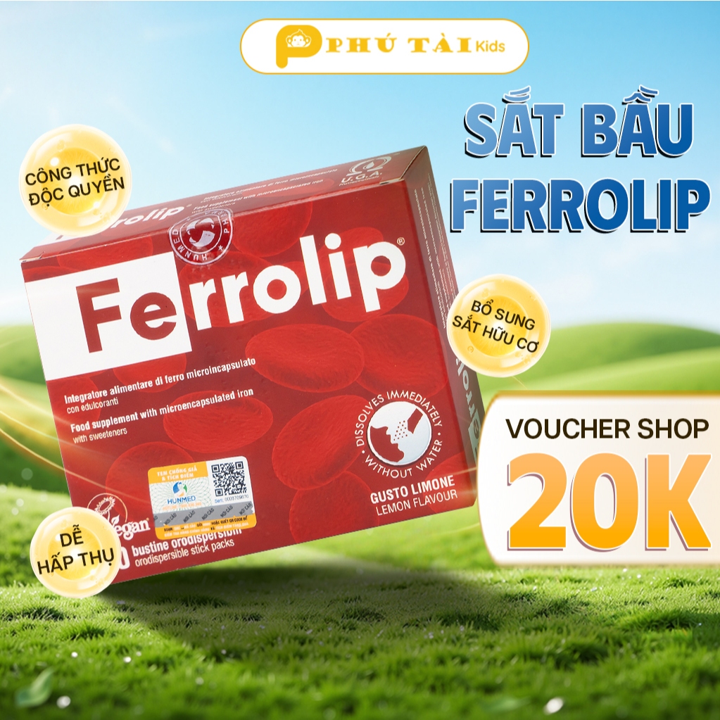(Hộp 20 Gói) Sắt Bầu Ferrolip Dễ Hấp Thu Không Táo Bón Bổ Sung Sắt Hữu Cơ Cho Bà Bầu, Người Thiếu Má