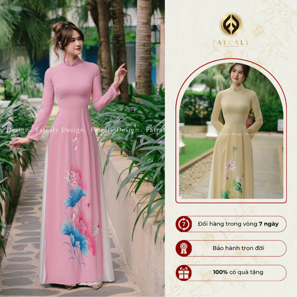 [FV06] Áo dài nữ vải lụa trơn cao cấp, hoạ tiết hoa sen vẽ tay thủ công tỉ mỉ | FATRALY