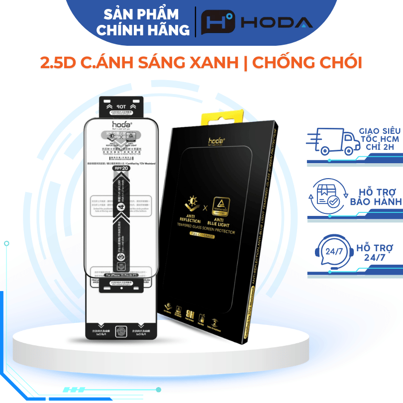 Cường Lực 2.5D Hoda Chống Ánh Sáng Xanh & Chống Chói Hàng Chính Hãng cho iP 16 Pro Max/ 16 Pro/ 17 T