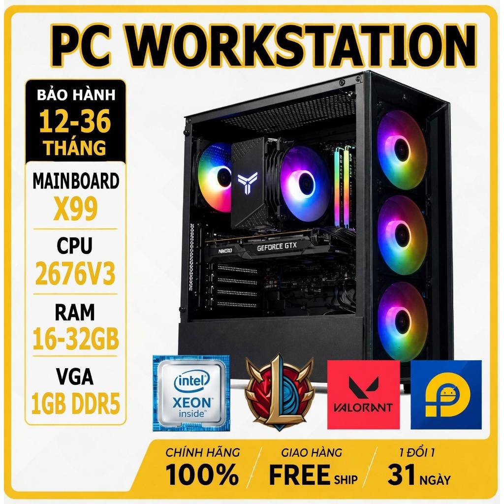 PC Workstation 2676V3 12 Nhân 24 Luồng cấu hình cơ bán quốc dân chuyên chạy giả lập,LOL,Valorant