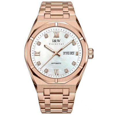 Đồng hồ nam chính hãng I&W Carnival 751G-T16,Mặt trắng dây mạ vàng hồng ,Kính sapphire,Chống nước 50m,Máy Cơ Automatic