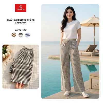 Quần dài nữ CARDINA Chất thô kẻ mềm dáng suông cạp chun 6QDT18
