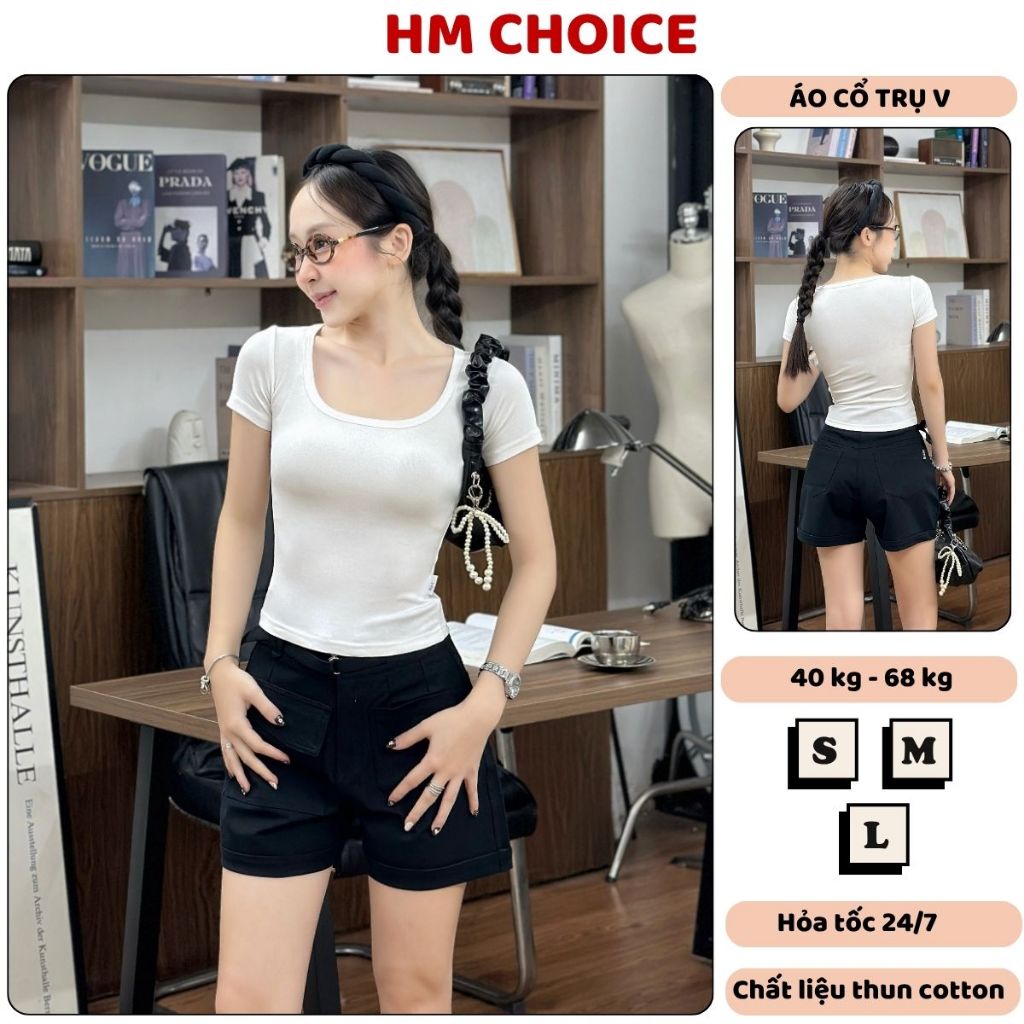 Áo thun nữ ôm body HM Choice, áo phông nữ cổ vuông tay ngắn co giãn 4 chiều mềm mịn tôn dáng HM26.14