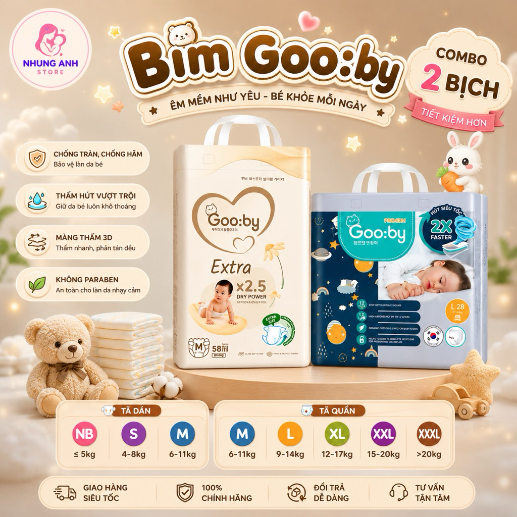 (Combo 2 bịch) Bỉm Gooby extra mỏng mềm thấm hút tốt, gooby ngày, gooby đêm cho bé