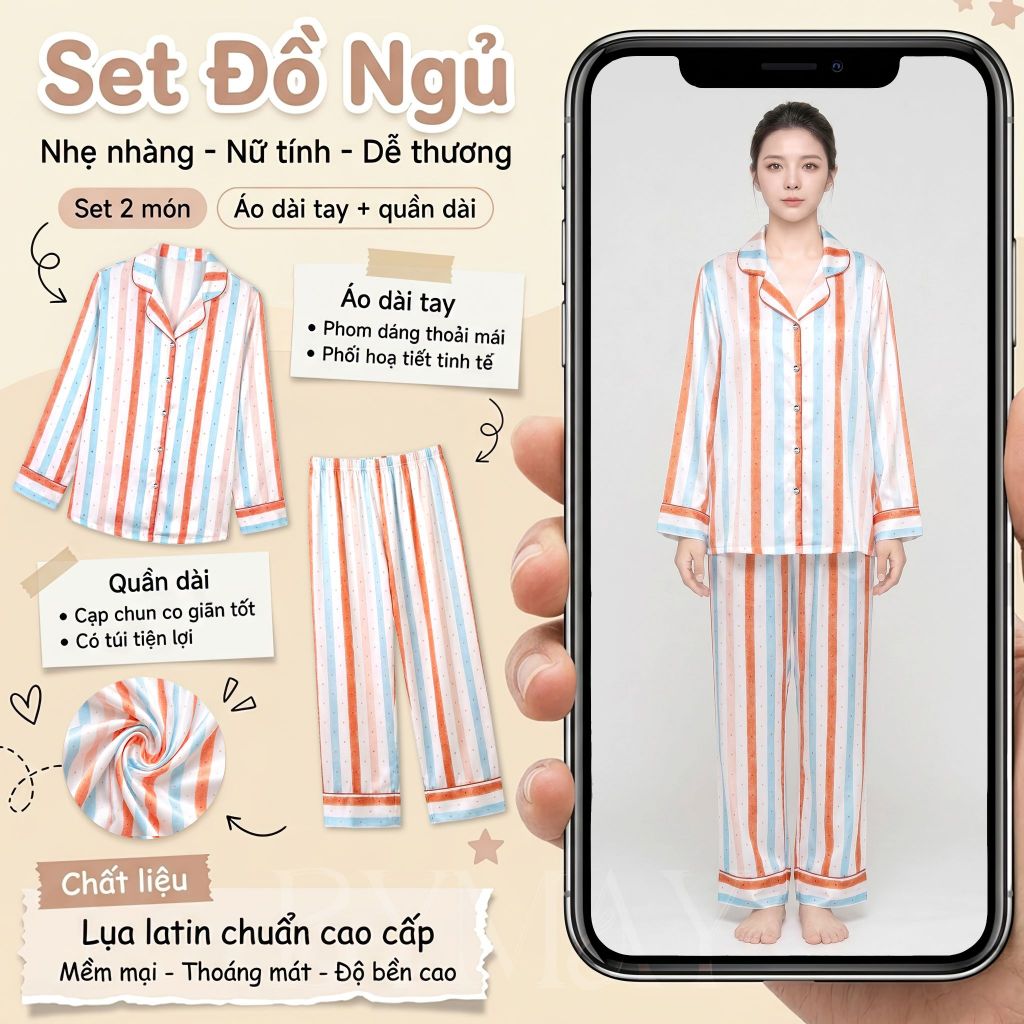 Đồ Bộ Ngủ Nữ Lụa Mềm Mát BYMAY Freesize 43–68kg – Pijama Form Rộng Mặc Nhà, Phối Màu Kẻ Sọc Dọc (BM4
