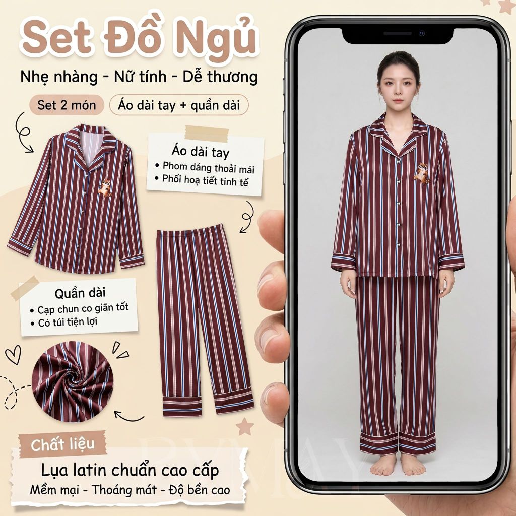 Đồ Bộ Ngủ Nữ Lụa Mềm Mát BYMAY Freesize 43–68kg – Pijama Form Rộng Mặc Nhà, Đỏ Đô Kẻ Sọc Dọc (BM38)