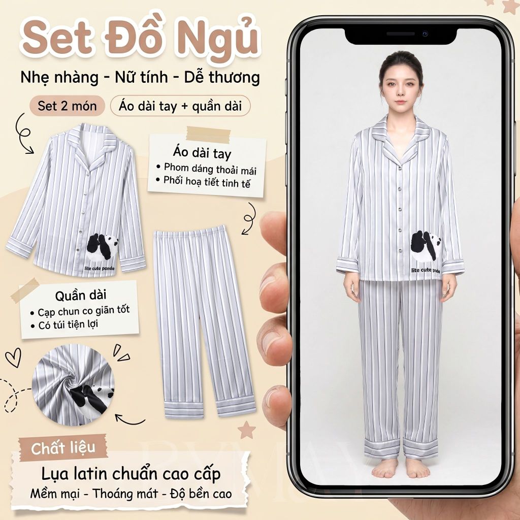 Đồ Bộ Ngủ Nữ Lụa Mềm Mát BYMAY Freesize 43–68kg – Pijama Form Rộng Mặc Nhà, Xám Xanh Kẻ Sọc Dọc (BM3