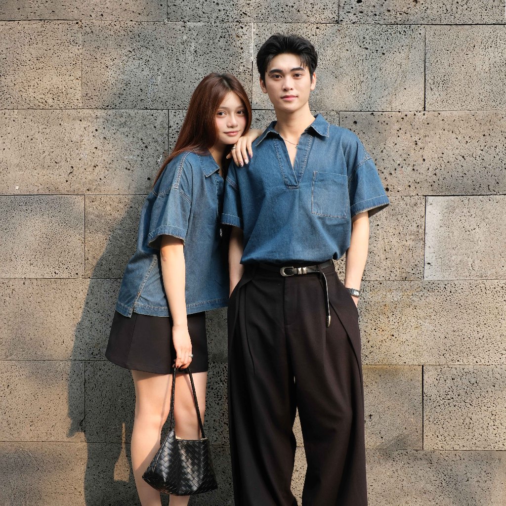 Áo Sơ Mi Ngắn Tay Cổ V Đứng Form, Áo Kiểu Unisex Jeans Denim   - Raw Denim Top - The J Studio