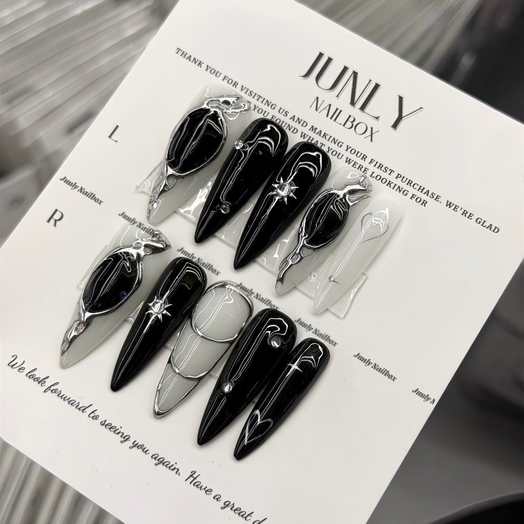Nailbox tráng gương đen trắng JUNLY - nail box thiết kế móng giả đính đá siêu sáng cá tính 162