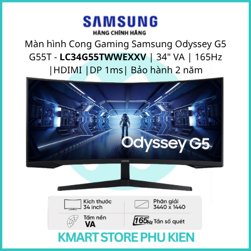 Màn hình Cong Gaming Samsung Odyssey G5 G55T | LC34G55TWWEXXV | 34" VA | 165Hz |HDIMI |DP 1ms|HDR10 