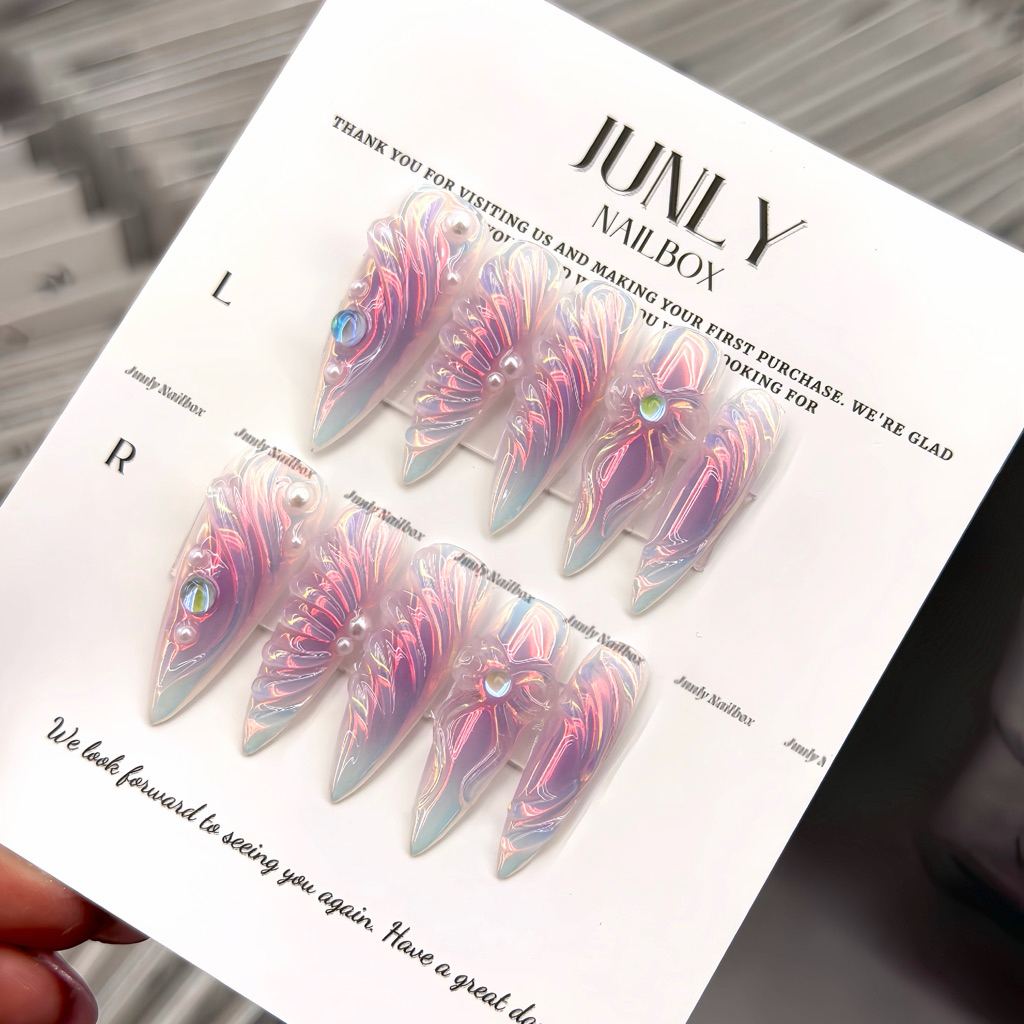 Nailbox tráng gương cực quang nơ hồng JUNLY - nail box thiết kế móng giả hồng ombre vẽ nổi 178