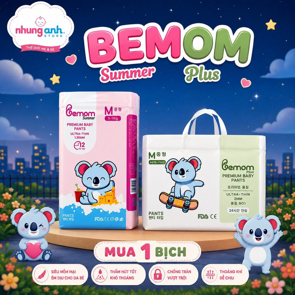 (1 bịch) Tã Bỉm Hàn quốc Bemom SUMMER, Bemom PLUS siêu mỏng mềm, thấm hút tốt đủ size cho bé
