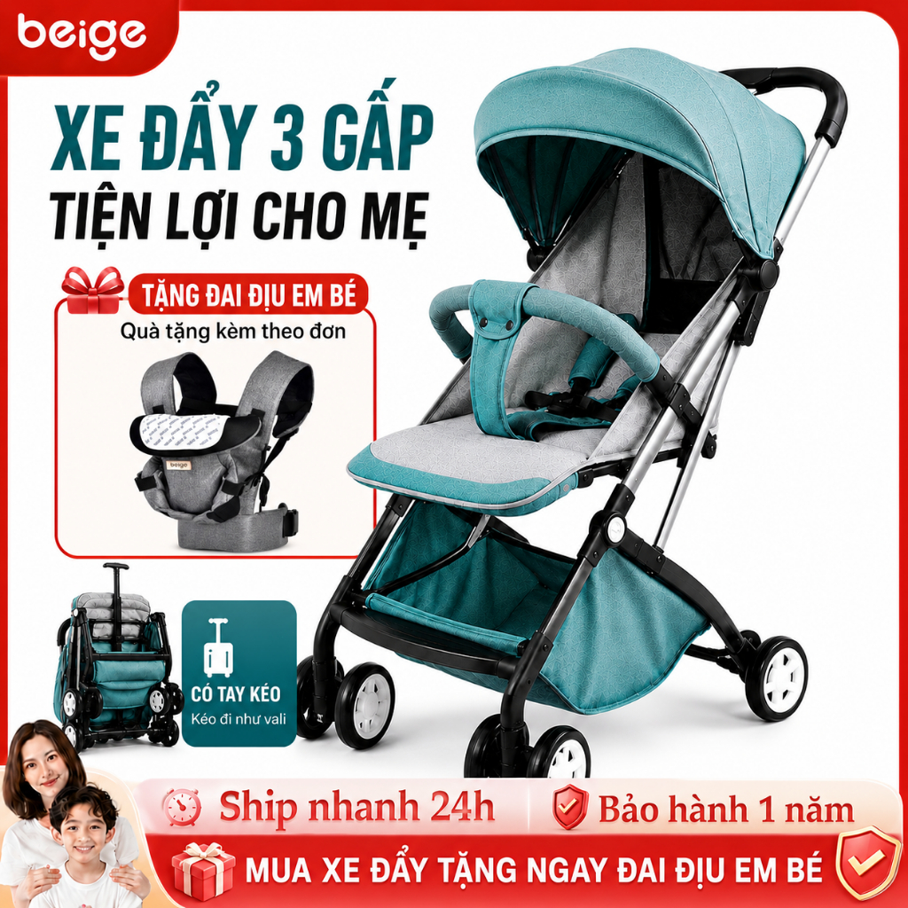 Xe đẩy cho bé gấp gọn Beige - giảm rung lắc tối đa, bảo hành chính hãng 1 năm,xe đẩy cho bé