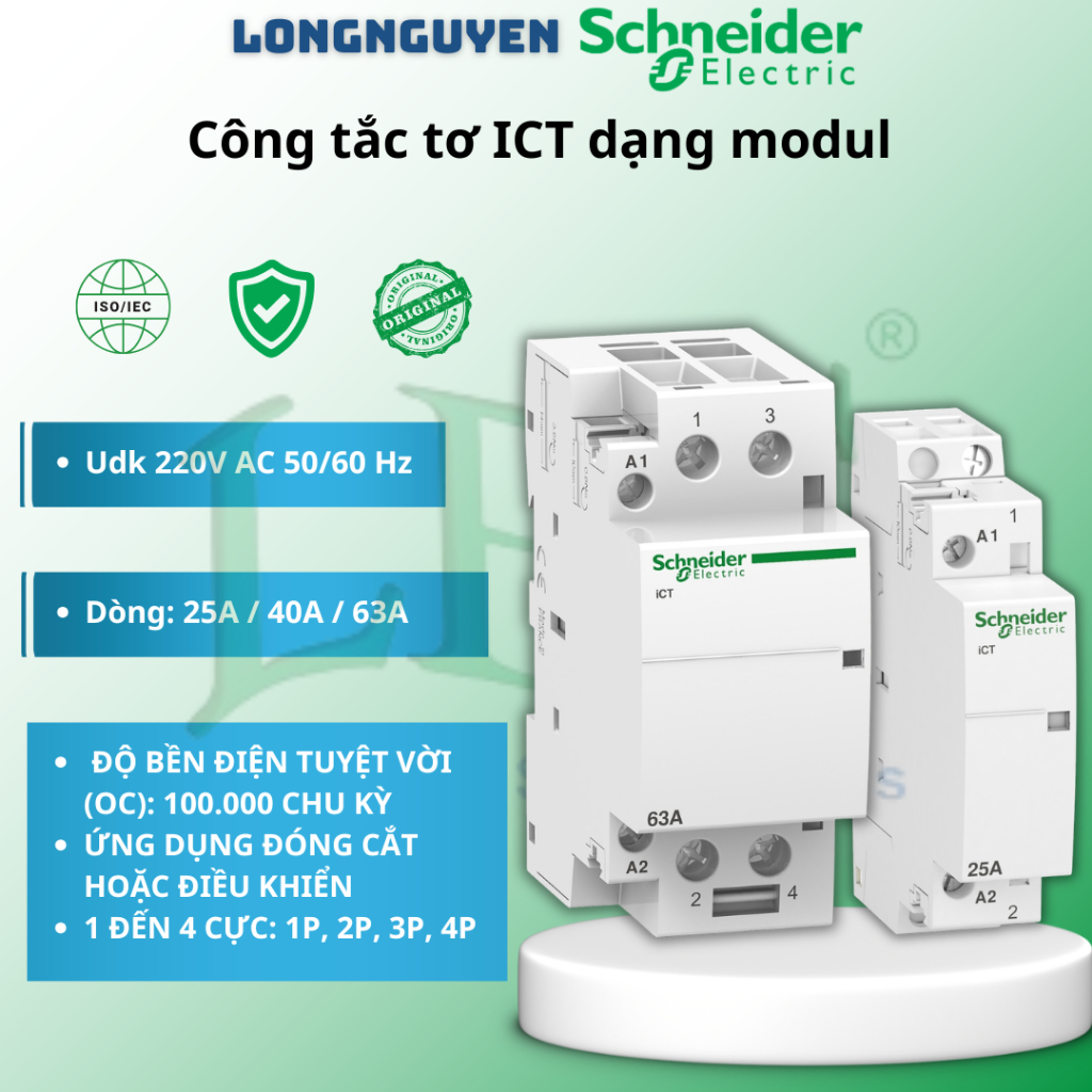 Công tắc tơ Schneider iCT 1P 25A 1NO 220VAC A9C20731 chính hãng