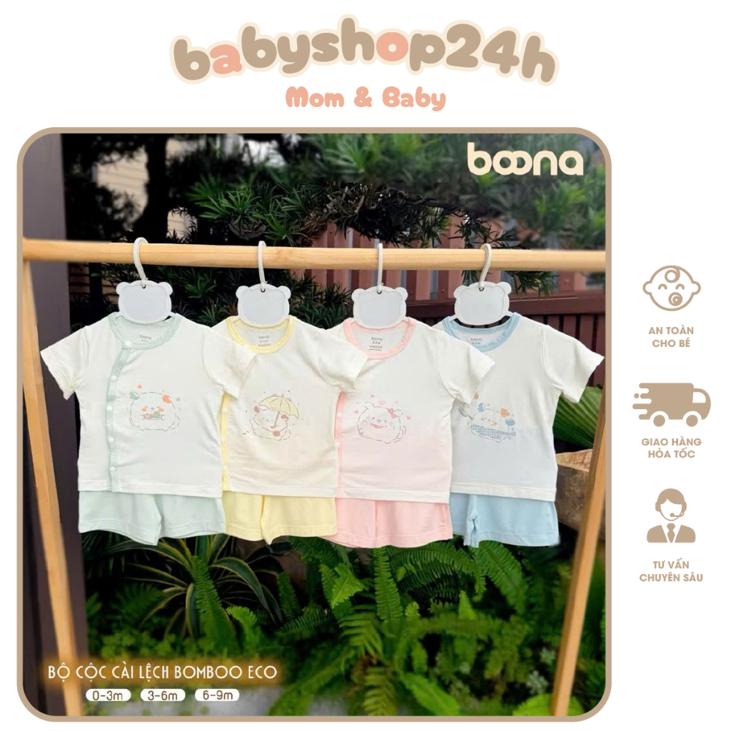 Bộ  Cộc Tay Boona ECo BAMBOO Phối Màu Vải Cài Lệch  Mềm Mại Cho Bé 0-9M