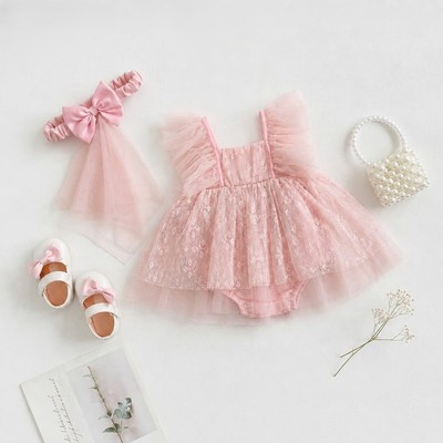 Body Váy Công Chúa Bé Gái Sơ Sinh Phối Ren Tơ Đính Nơ To Lưng Kèm Băng Đô Voan Dài MINTSCLOSET BV7255
