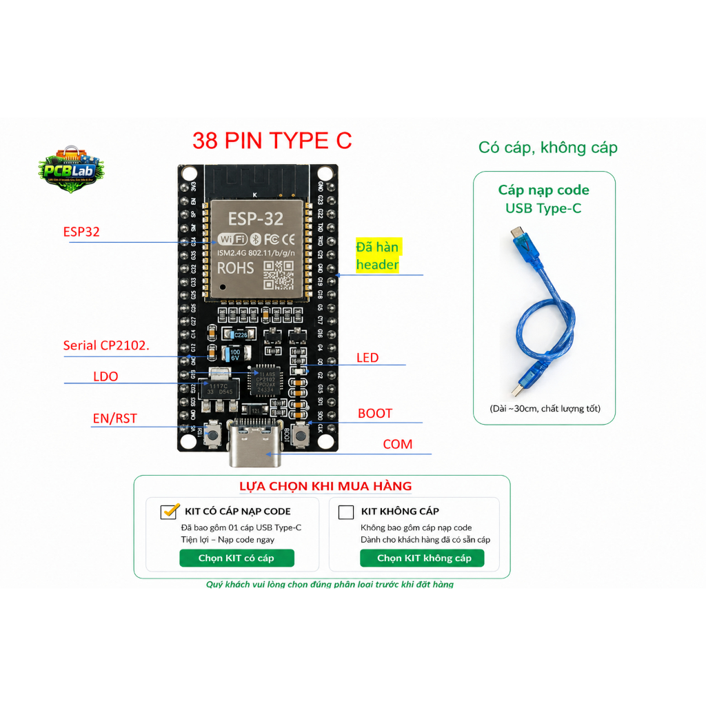 ESP32 bản mạch phát triển IoT wifi bluetooth type-C cho Arduino ESP-IDF có code và tài liệu