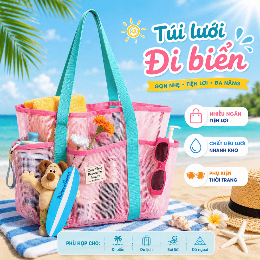 Túi Lưới Đi Biển Đa Năng PAMI HOME Form To, Túi Du Lịch Nhiều Ngăn Chống Thấm, Đựng Đồ Bơi Siêu Nhẹ