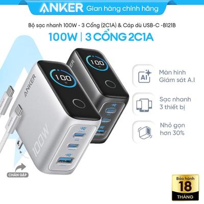 Bộ sạc nhanh Anker 100W Smart Display | 3 cổng 2C1A | Công nghệ GaN | Gập gọn | Dành cho Laptop, iPhone – B121B