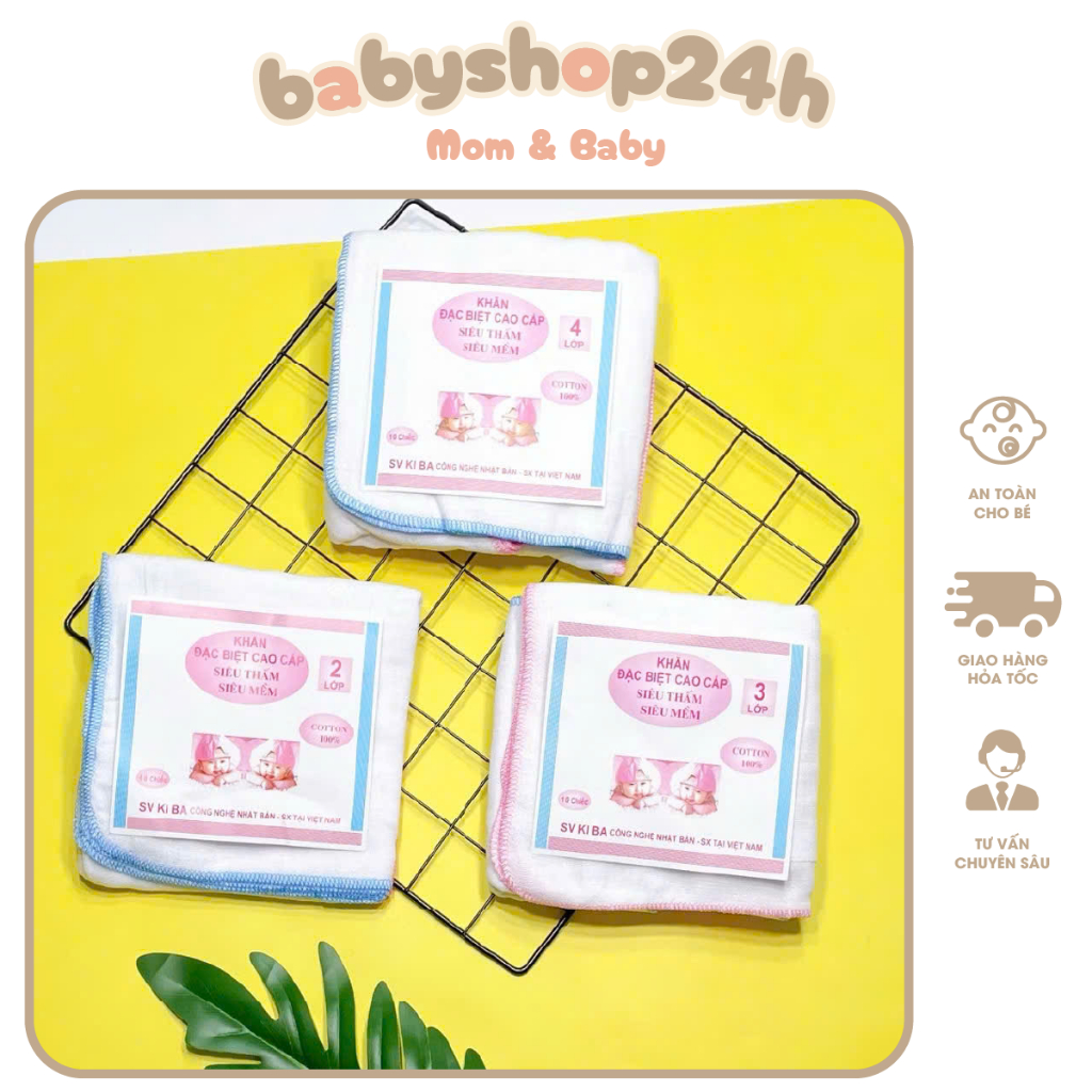 Sét 10 Khăn Xô Sữa Kiba 2 Lớp, 3 Lớp, 4 Lớp Rửa Mặt Cho Bé