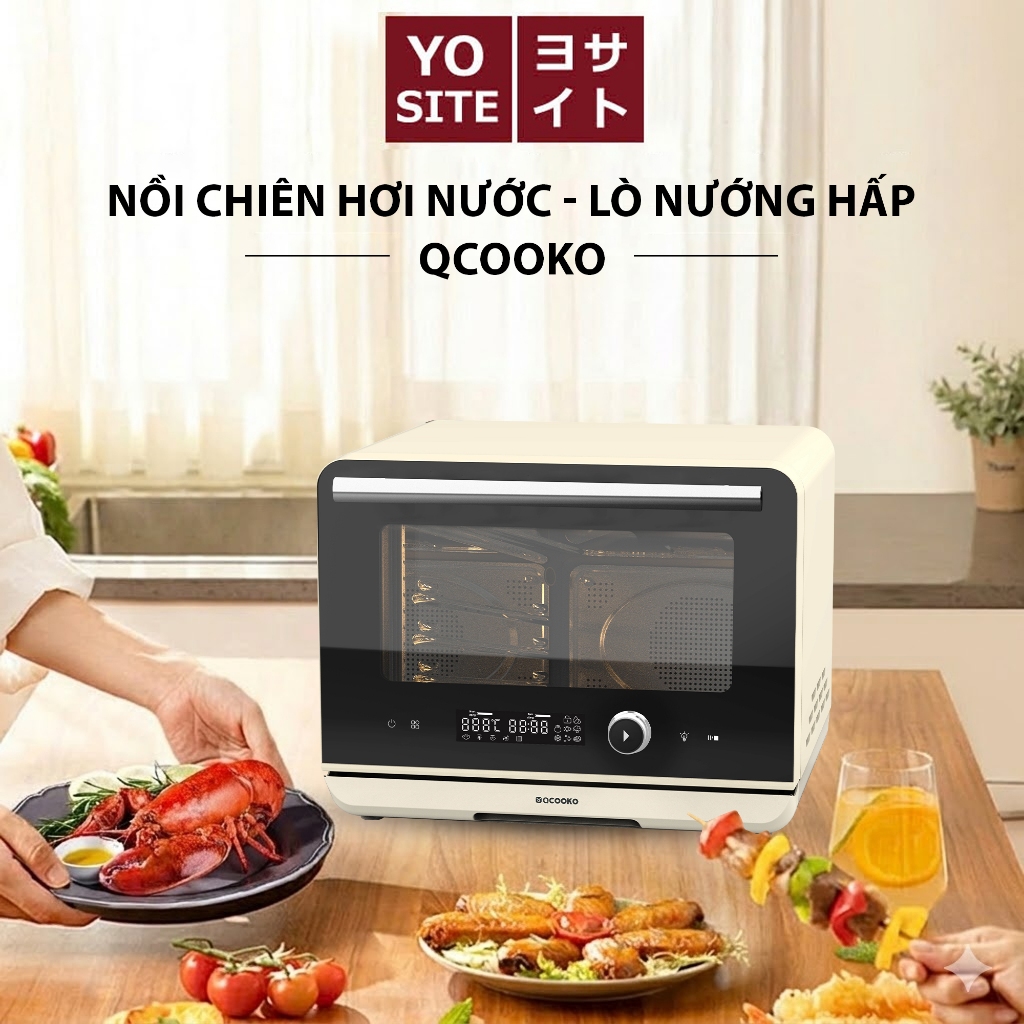 Lò nướng nồi chiên hơi nước MI QCOOKO dung tích 22l, kết hợp nướng, hấp, công nghệ nướng đối lưu 360