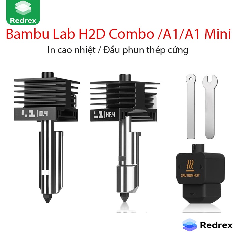 REDREX Hotend H2D 0.4mm thép cứng – lưu cao, nhiệt cao dùng cho Bambu Lab H2D Combo/A1/A1 Mini