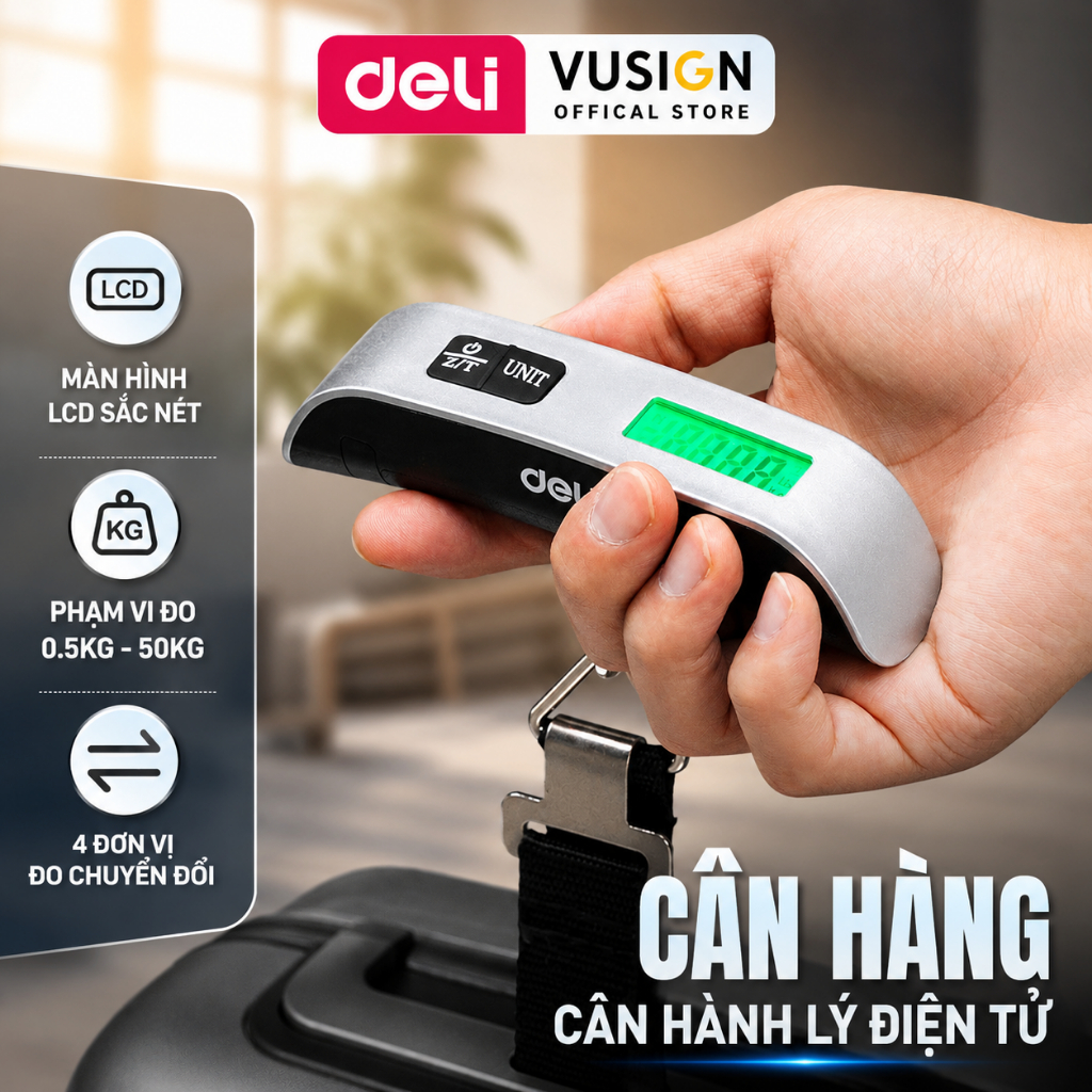Cân điện tử cầm tay mini Deli Chính Hãng Cân 50kg Hành Lý Vali Gói Kiện Hàng Chính Xác