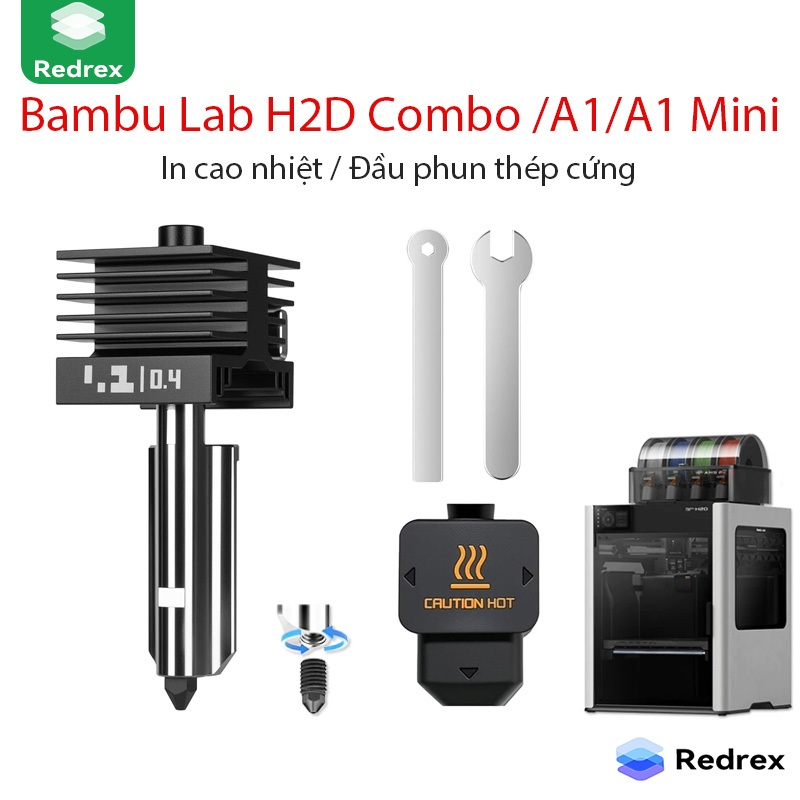 REDREX 2 Cái Đầu In H2D 0.4mm Thép Cứng Cao Nhiệt (300°C) & Cao Lưu Lượng Cho Bambu Lab H2D/H2S/H2C