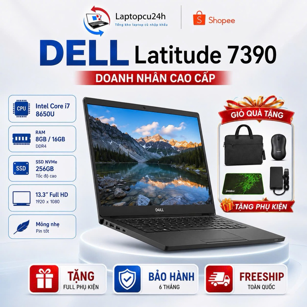 Laptop Dell Nhập Nhật 7370,7380,7390 i7-8650U/Ram 16Gb/SSD 256Gb/Màn 3k Tràn Viền /Mỏng Nhẹ Đẹp Keng