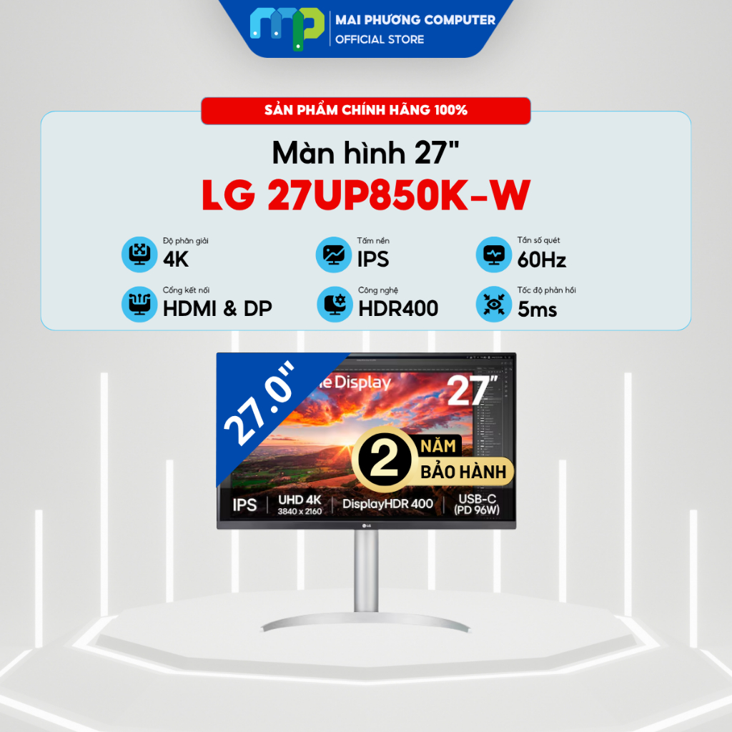 Màn hình 4K LG 27UP850K-W - 27inch - IPS - 60HZ - 1ms - DisplayHDR 400 - Bảo hành 24 tháng