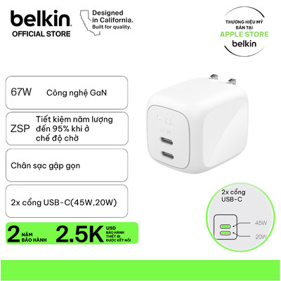 Củ sạc nhanh Belkin 67W GaN PD 3.1 có 2 cổng USB-C dành cho iPhone 17 iPad Macbook Bảo hành chính hãng 2 năm