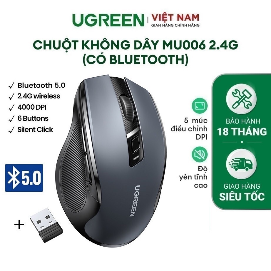 Chuột không dây chính hãng Ugreen 15508 / 15063 MU006 Silent Click + Buetooth 5.0, Nút bấm im lặng 5