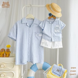 [COCANDY]  - Áo cộc sơ mi kẻ XANH NHẠT túi ốp, Quần cộc XANH jeans 6M-12Y  E1451 Q4431