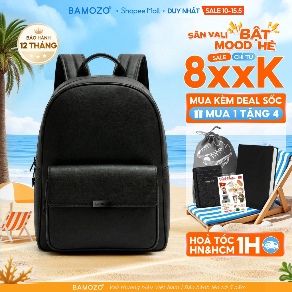 Balo da nam đi học đi làm Bamozo MORA da PU Saffiano form cứng chống xước, chống nước, đựng laptop 1