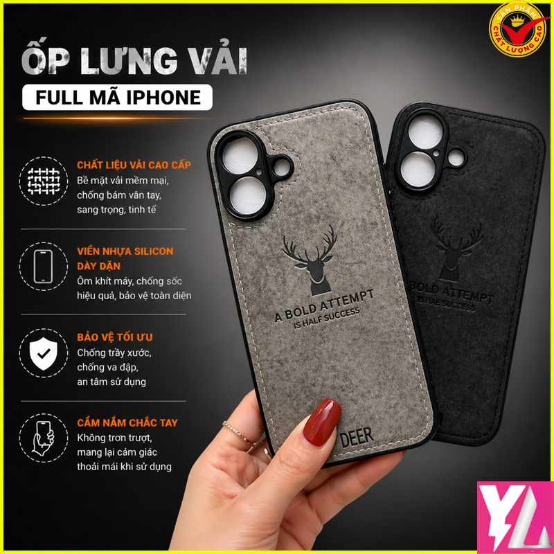 Ốp lưng lưng vải sừng hươu iPhone 16, IP 16ProMax, IP 16 Plus, IP 16E, IP 16Pro, viền silicon lưng h