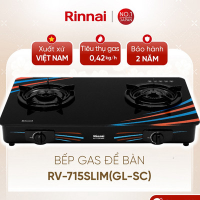 [CHÍNH HÃNG] Bếp gas dương Rinnai RV-715Slim(GL-SC) - Mặt bếp Kính cường lực và kiềng bếp men