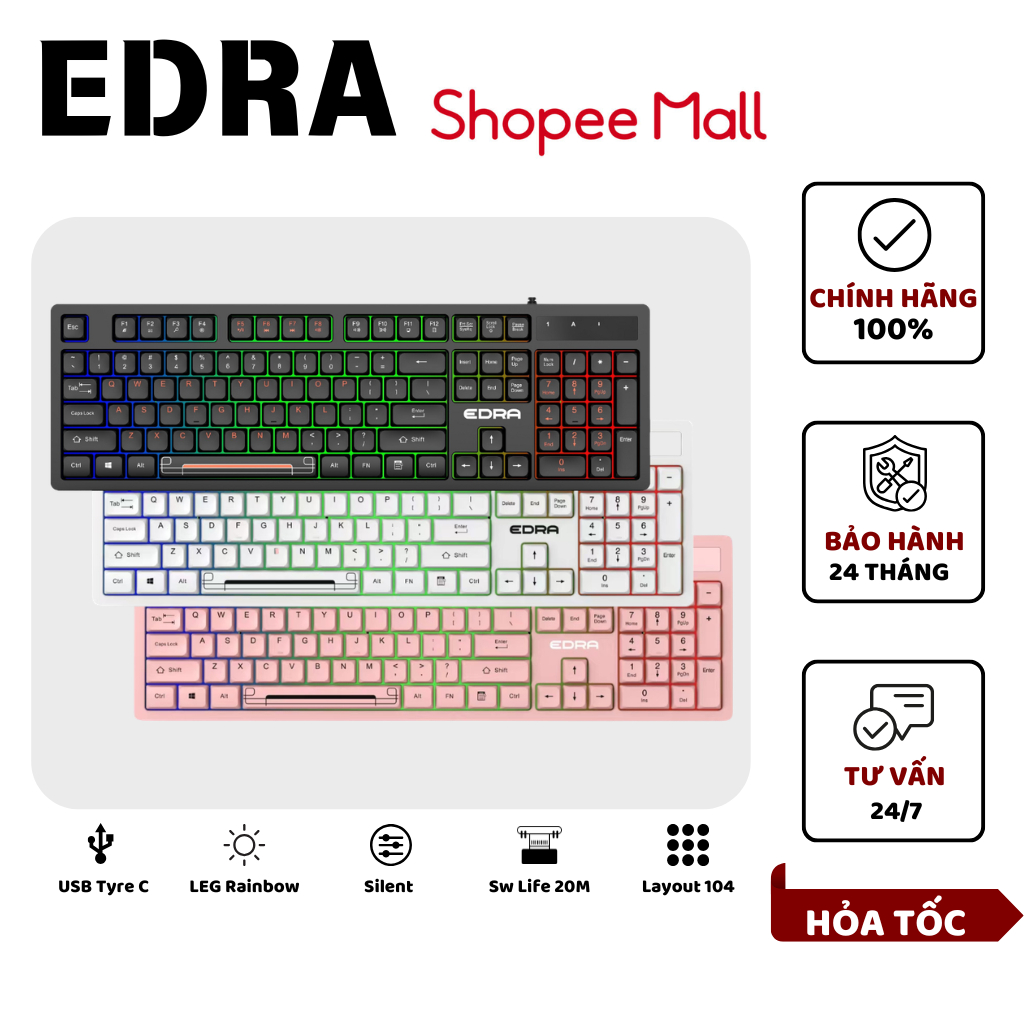 Bàn phím chơi game giả cơ EDRA EK506 Membrane 104 phím, LEG Rainbow - Bảo hành 24 tháng