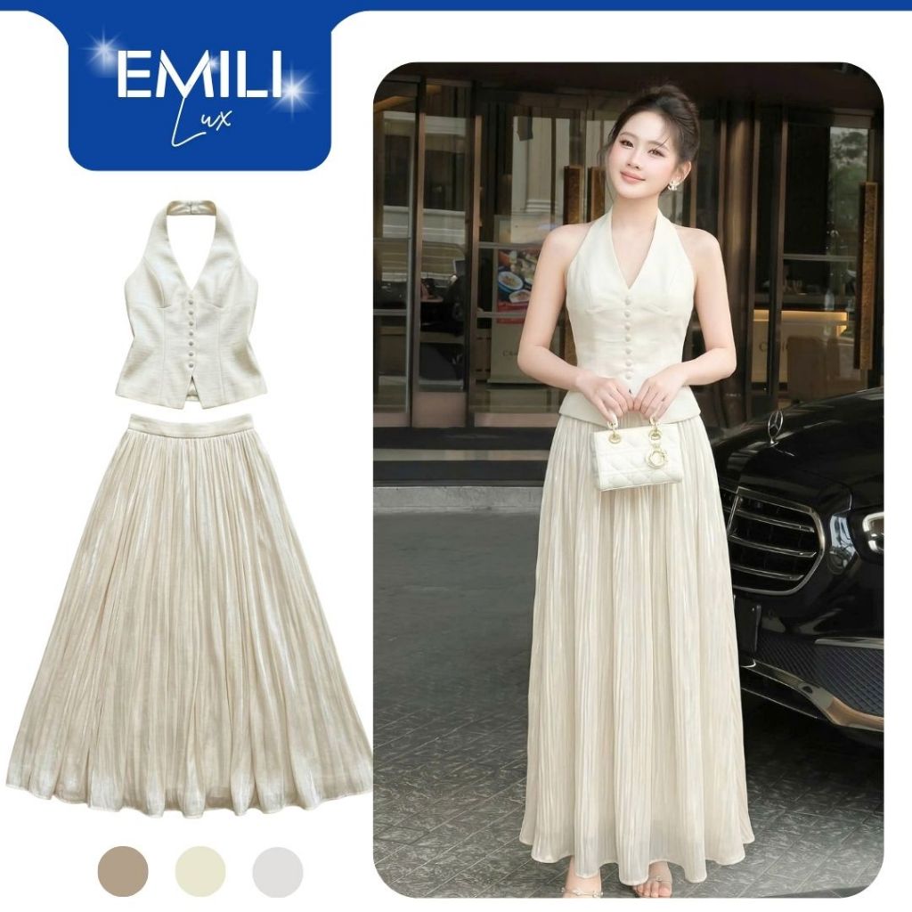 Set chân váy maxi tơ ánh kim cao cấp phối áo cổ yếm Emili Lux thanh lịch phong cách minimal B194