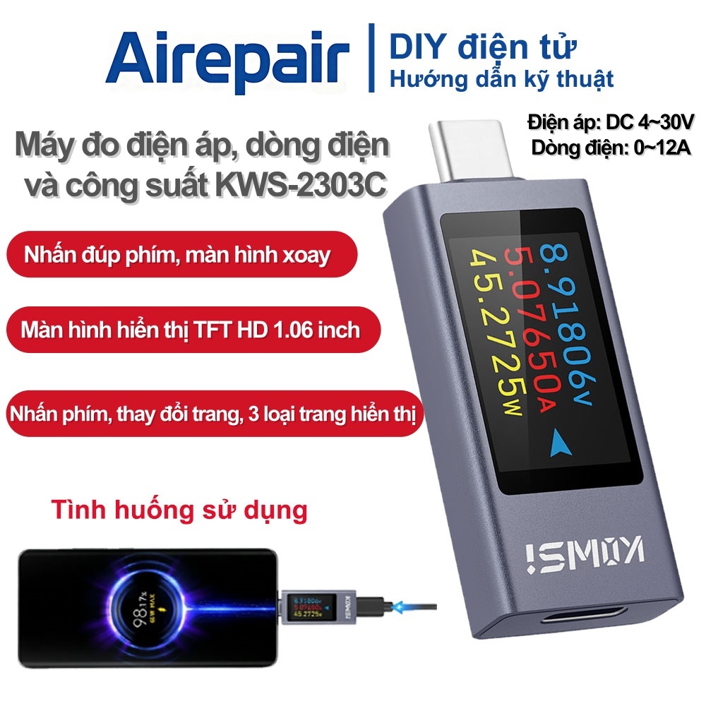 Máy đo điện áp dòng điện và công suất KWS-2303C màn hình TFT độ phân giải cao 1.06 inch DC 4~30V 0~1