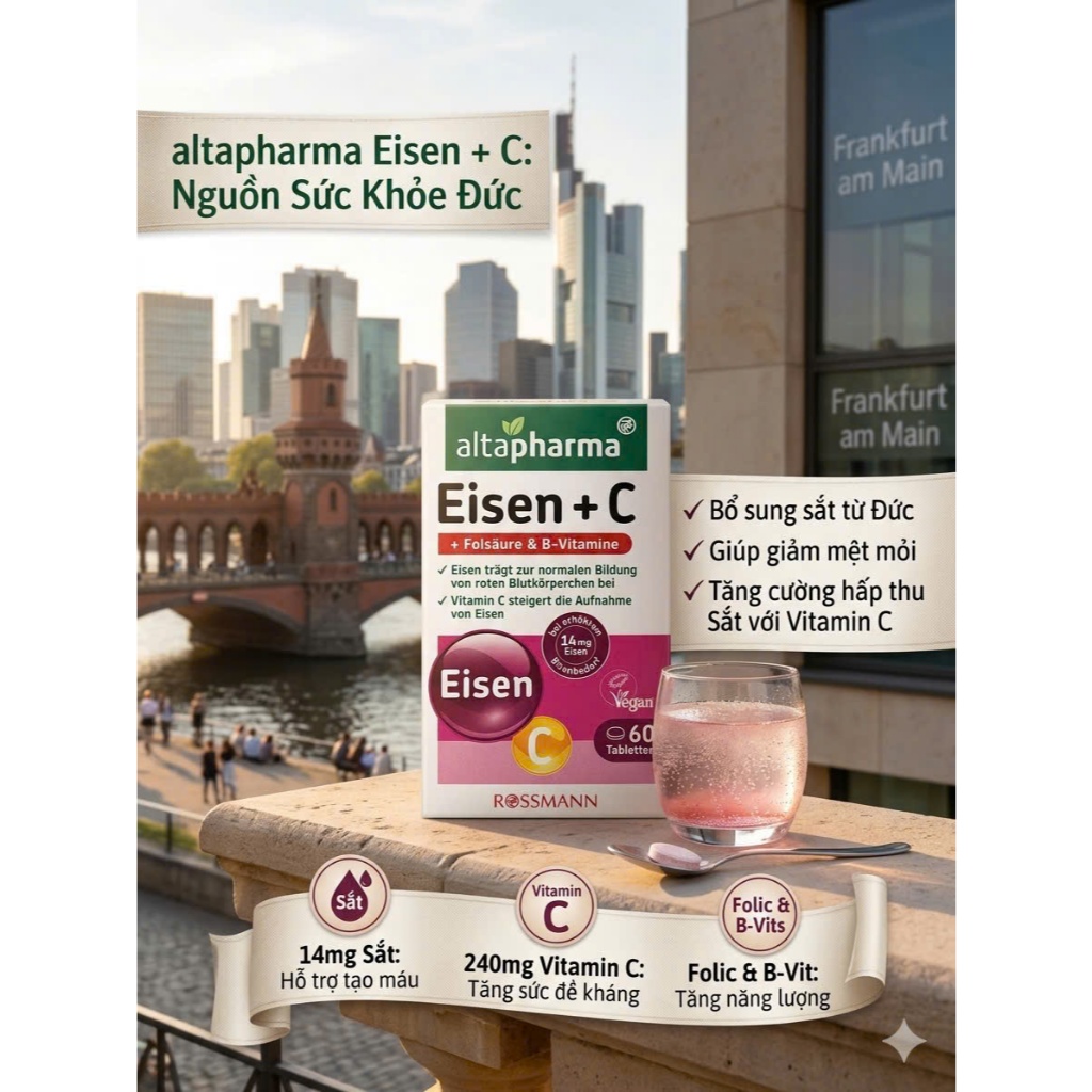 Viên uống bổ sung sắt Vitamin C Eisen Altapharma tăng hồng cầu, hỗ trợ tuần hoàn máu của Đức