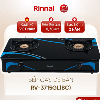 [CHÍNH HÃNG] Bếp gas dương Rinnai RV-3715GL(BC) - Mặt bếp: Kính cường lực và kiềng bếp men