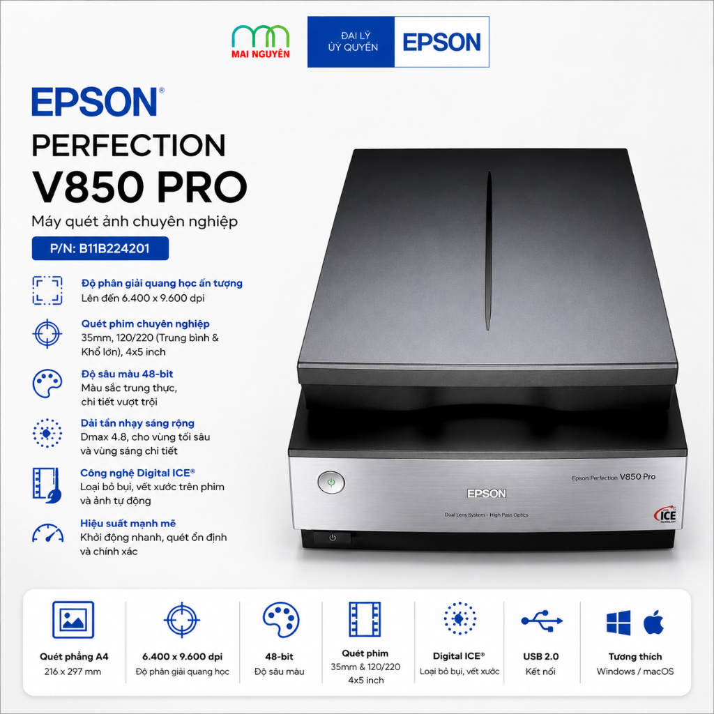Máy Quét Dữ Liệu Epson - V850 PHOTO CLR IMAGE SCANNER ( P/n B11B224504 )
