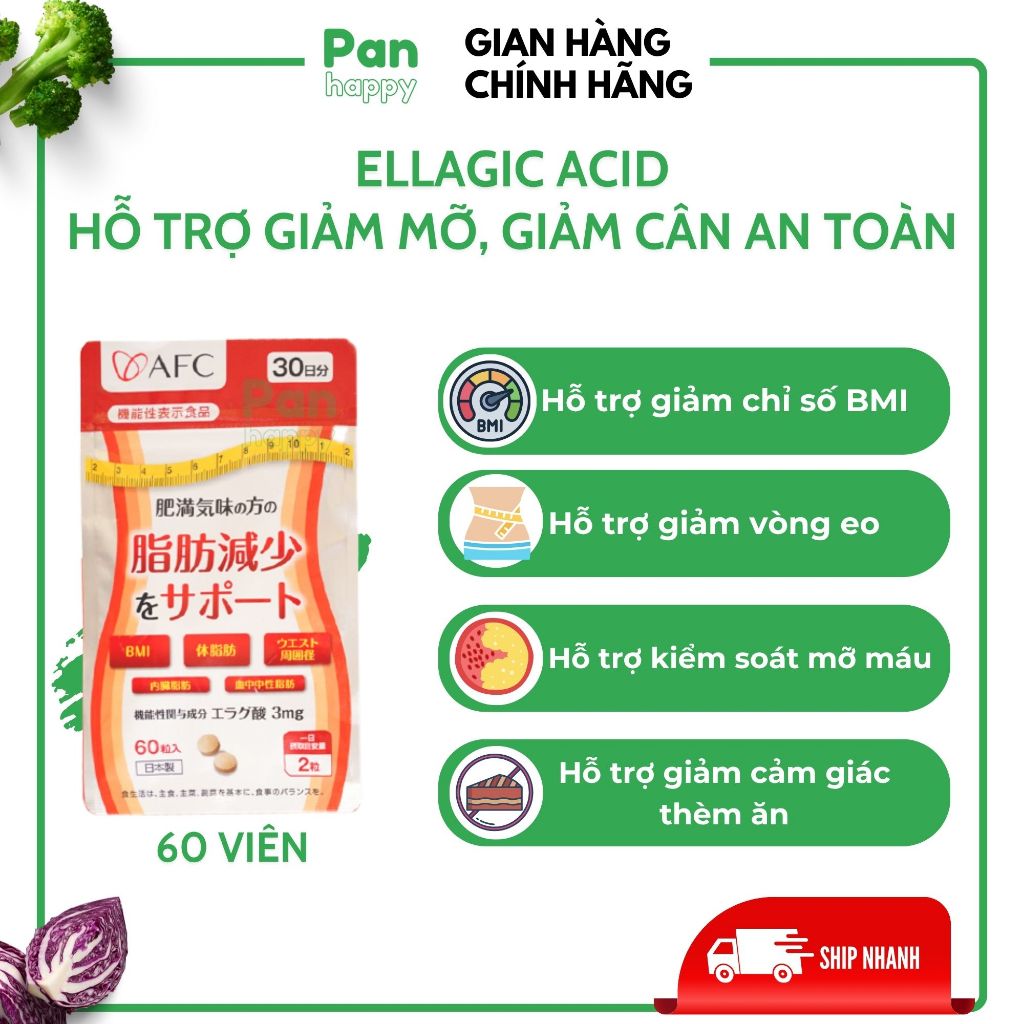 Ellagic Acid hỗ trợ giảm mỡ, giảm cân an toàn, hỗ trợ giảm vòng eo, bảo vệ sức khoẻ AFC 60 viên