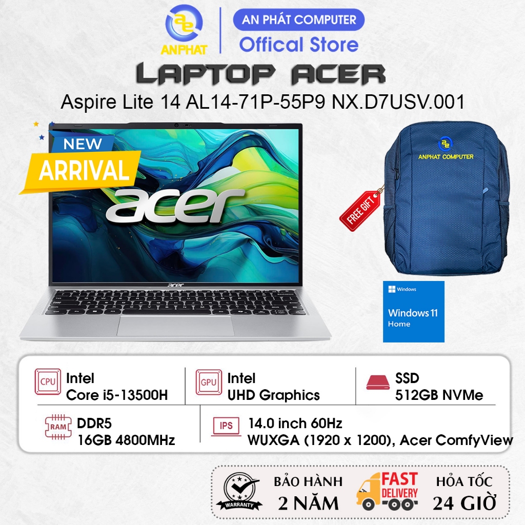 Laptop Acer Aspire Lite 14 AL14-71P-55P9, Core i5-13500H, UHD Graphics, 16GB RAM, 512GB SSD, 14.0 in