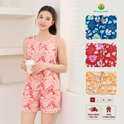 Bộ lanh nữ mặc nhà Việt Thắng , quần đùi áo sát nách họa tiết -	B02.6061