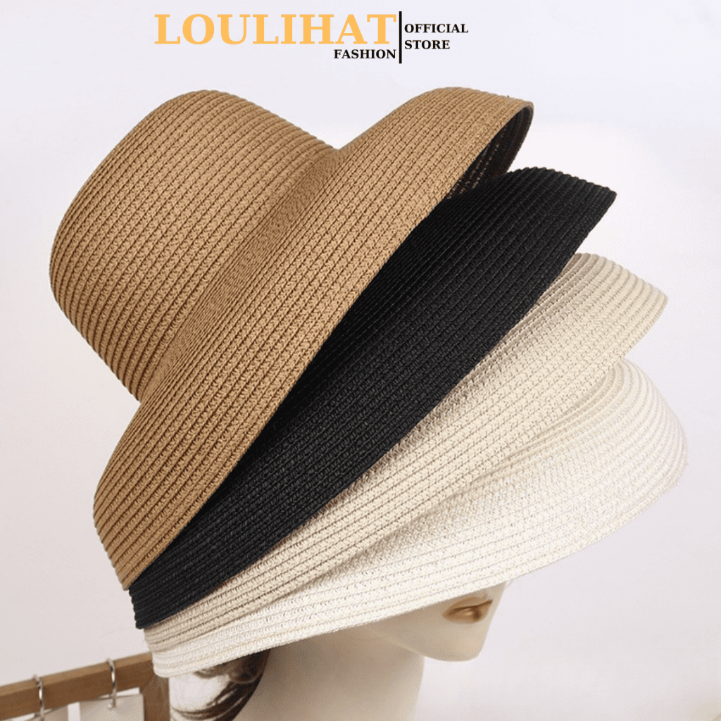 Nón cói đầu tròn chuông nữ đi biển trơn đơn giản LOULIHAT, mũ cói lồng đèn hội An vintage Hàn Quốc