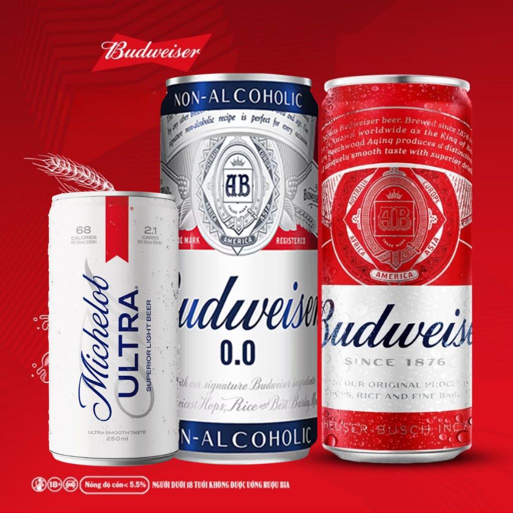 Bia Budweiser & Michelob – Lon 250ml / 330ml – vị bia êm, dễ uống, phù hợp tiệc & tụ họp
