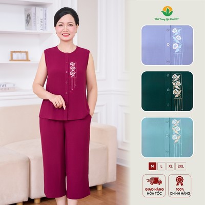 Bộ đồ sát nách trung niên chất Lanh Việt Thắng quần lửng áo mở khuy thêu họa tiết - B25.6094