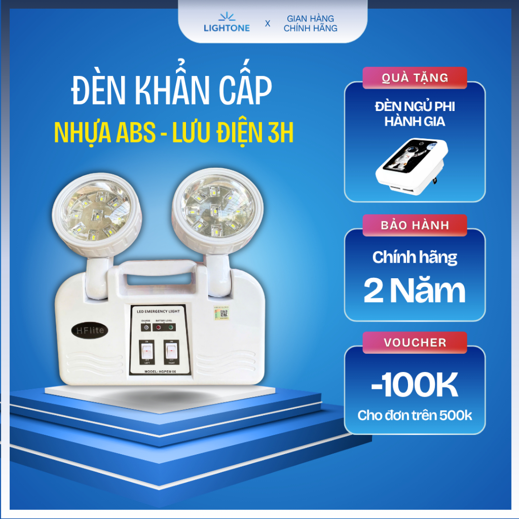 Đèn khẩn cấp LIGHTONE 2x3W LED có tem kiểm định tự sáng khi mất điện lưu điện 3h Emergency