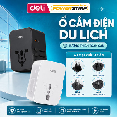 [ƯU ĐÃI] Bộ Chuyển Đổi Ổ Cắm Du Lịch DELI 4 Loại Chân Cắm, Tích Hợp Cổng Sạc Nhanh 20W USB TypeC